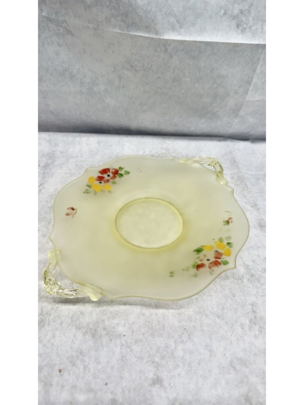 Yellow Satin Frosted Glass Floral Handled Tidbit Plate Cottagecore Victorian 9"
